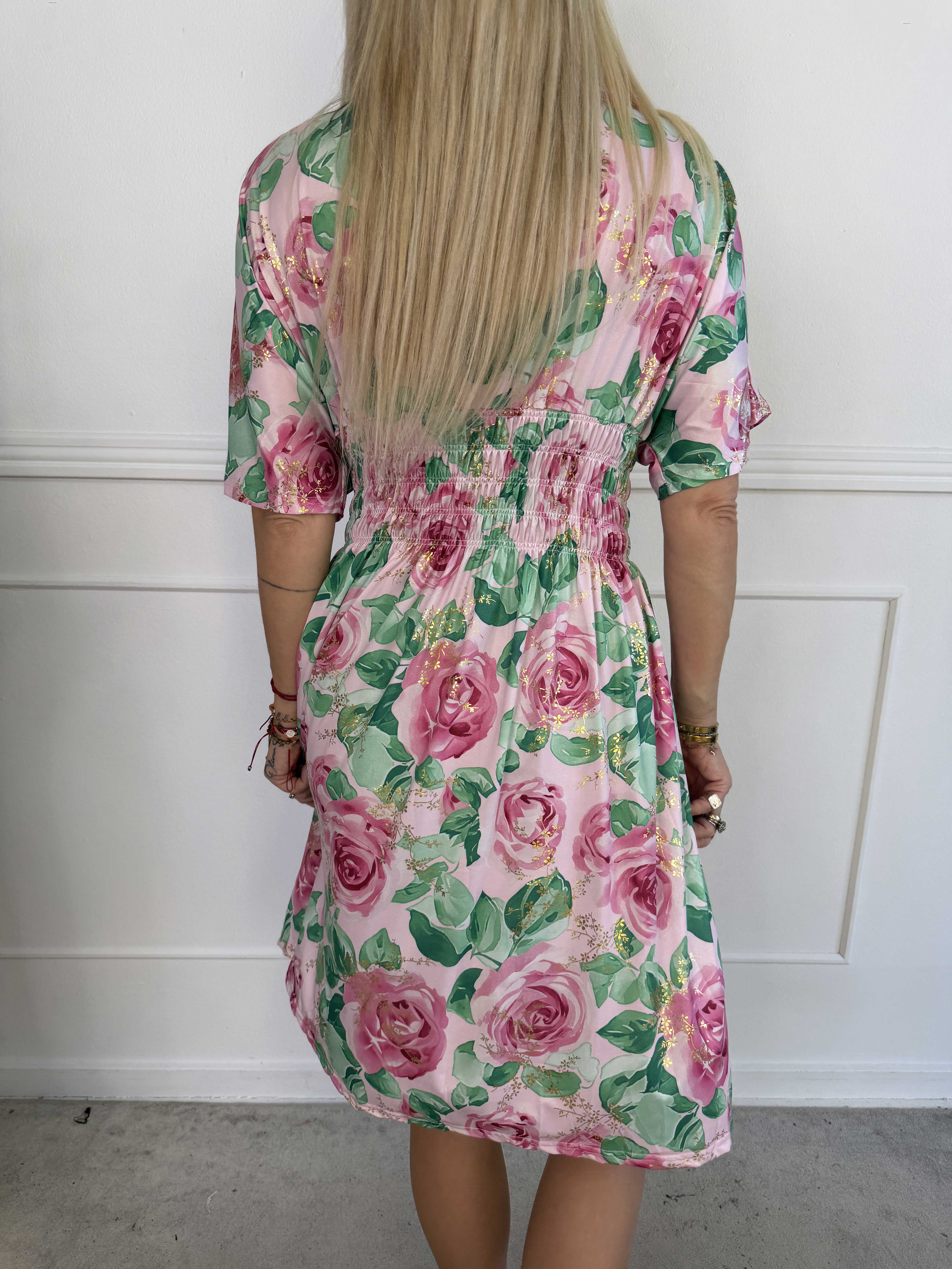 Pams Rose Short - Elastisk kjole med blomstermotiver og guld blade